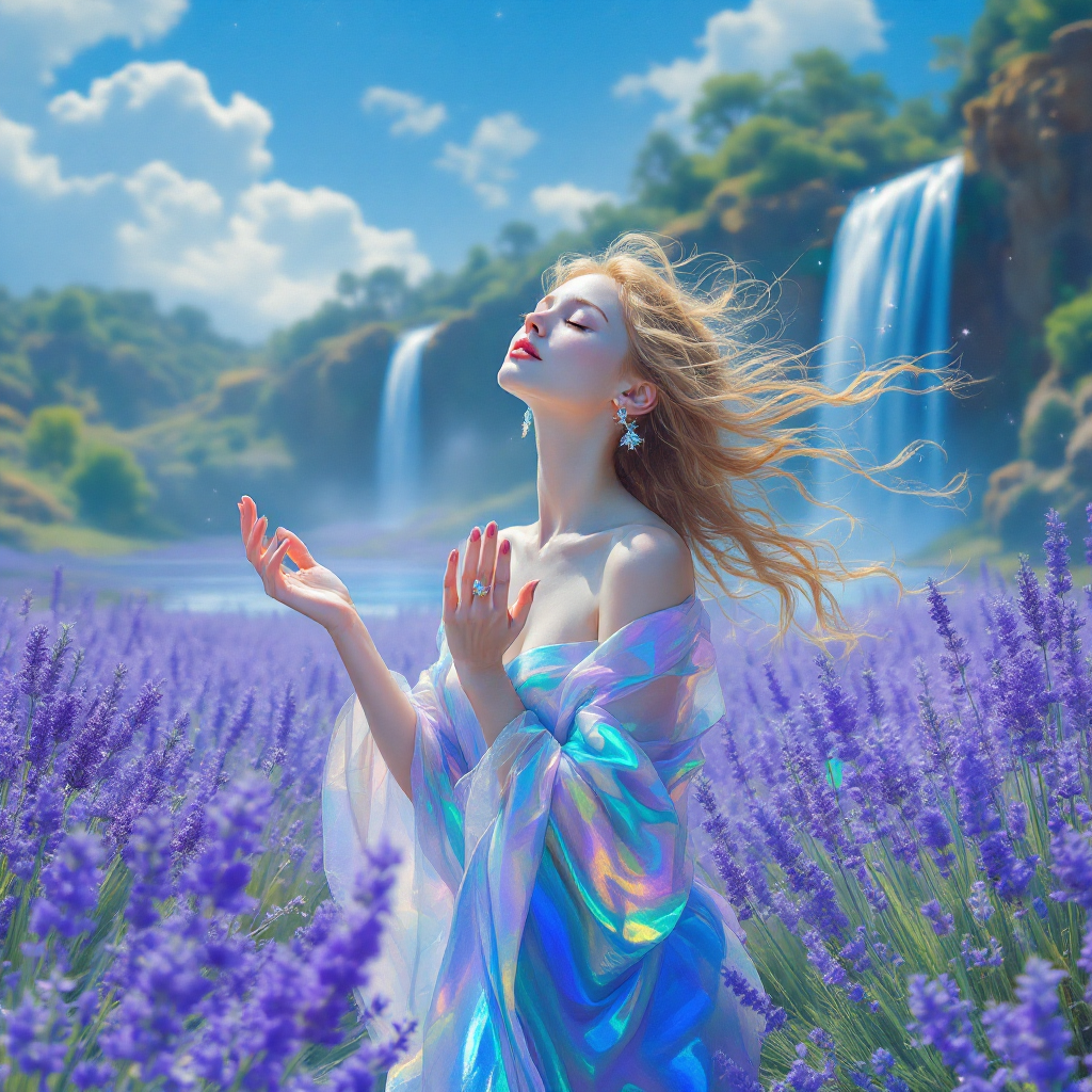 A serene landscape features a woman in a flowing, iridescent dress amidst vibrant lavender fields, with majestic waterfalls and a bright sky, evoking a sense of peace beyond pain and fear.