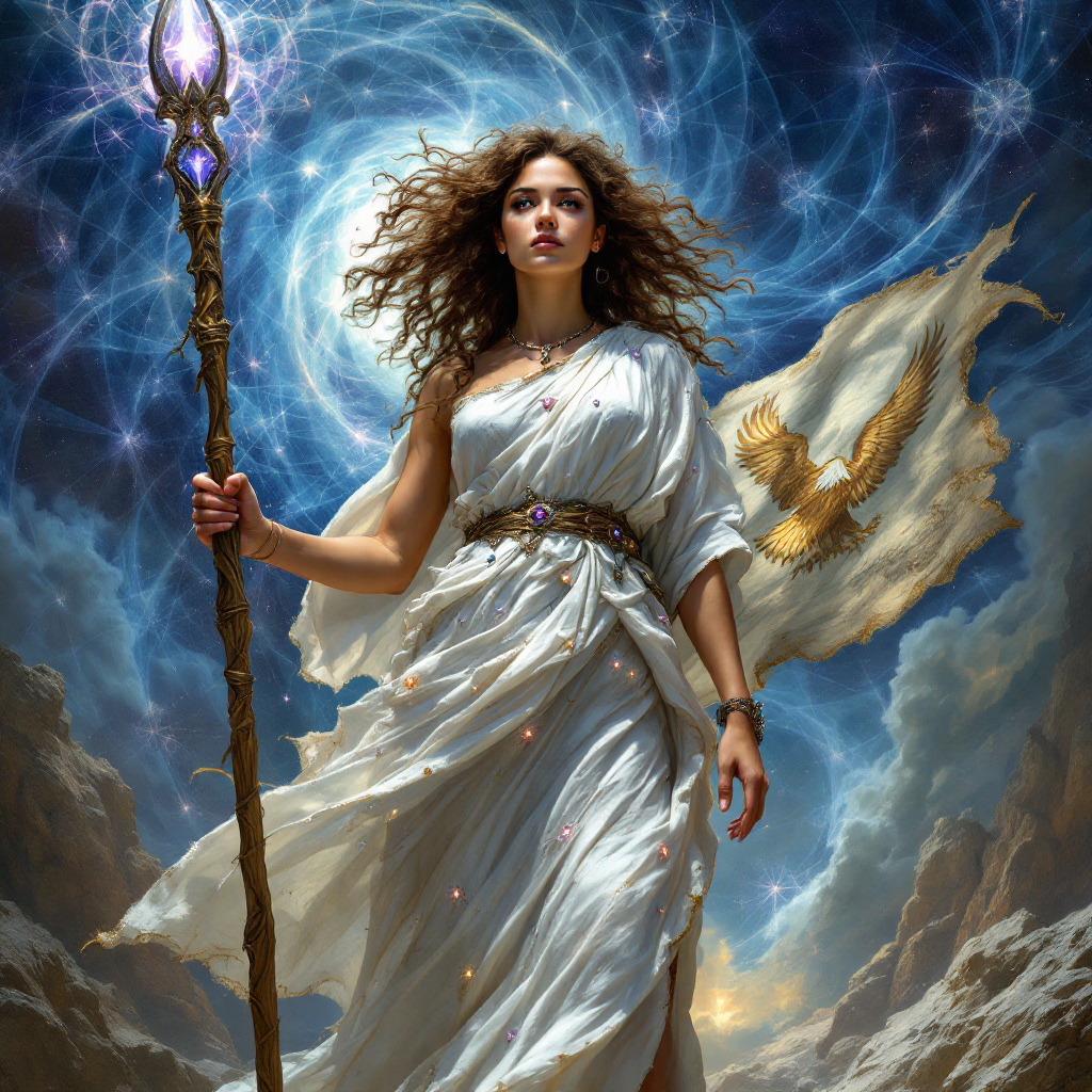 A powerful figure in a flowing white robe holds a staff and a billowing flag, set against a cosmic backdrop, embodying the quote about the daily defense of freedom.