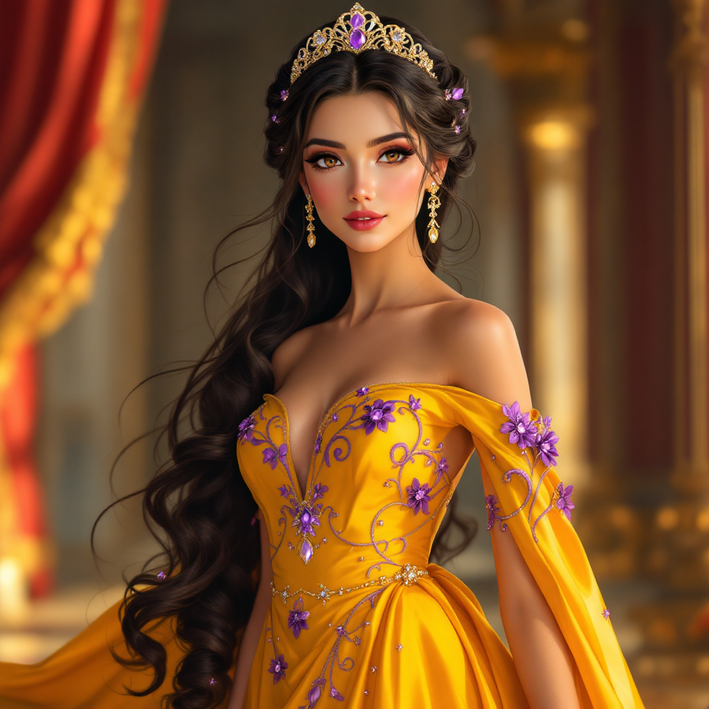 A regal figure in a stunning yellow gown adorned with purple flowers, crowned with a jeweled tiara, exudes confidence and grace, embodying the essence of a queen.