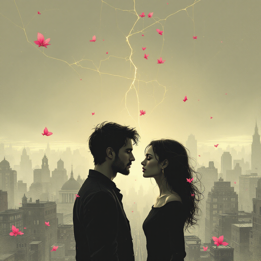 A couple stands face to face amidst a stormy skyline, with pink butterflies surrounding them, symbolizing the fragility of trust shaped by experiences and vulnerability.