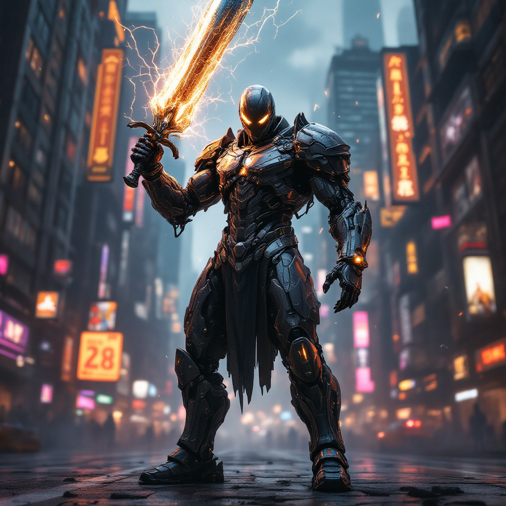 A mechanized warrior stands confidently in a neon-lit cityscape, wielding a glowing sword, embodying strength and resilience from battles fought.