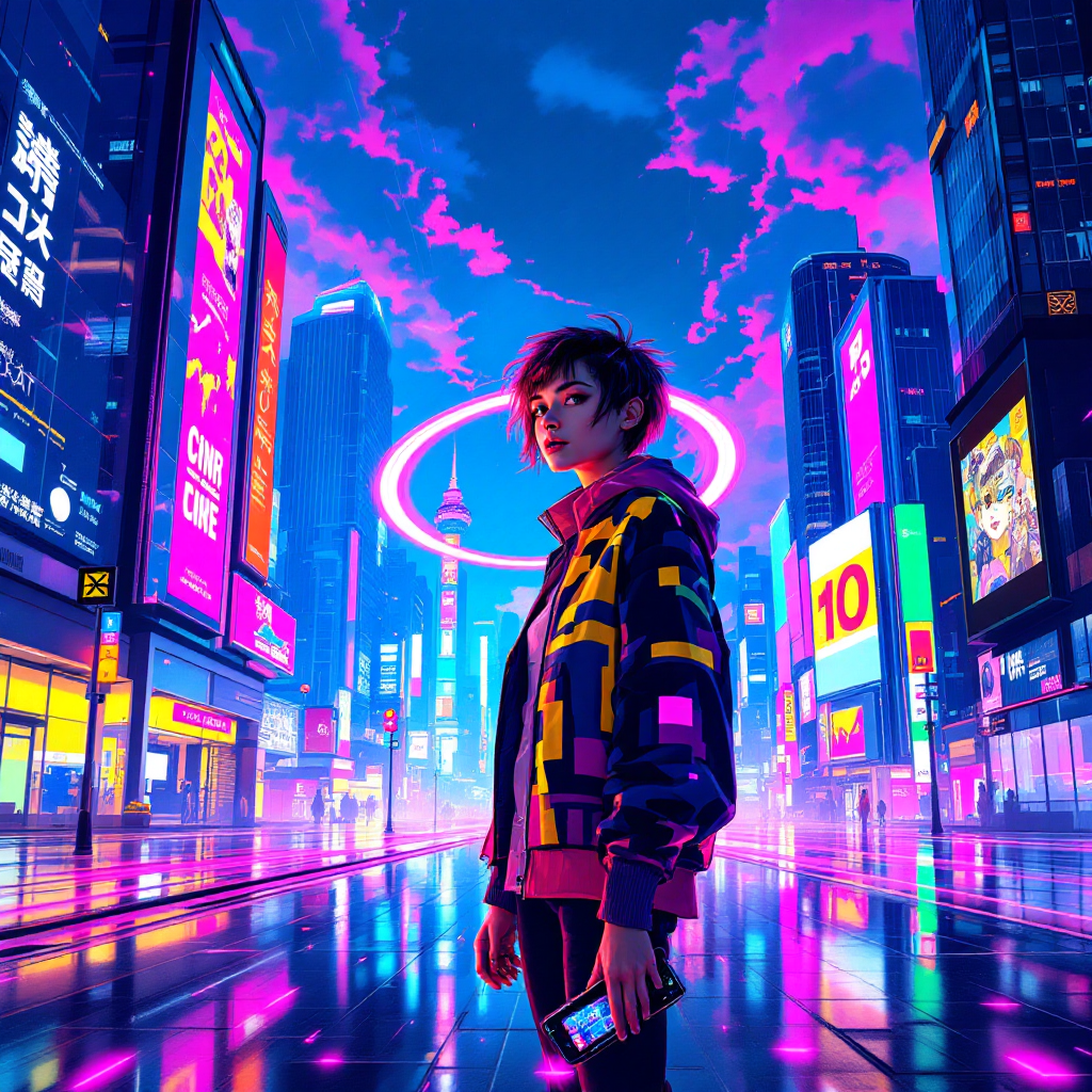 A young person stands confidently in a vibrant, neon-lit city, reflecting the idea that every choice shapes identity and destiny. Colorful billboards and a glowing skyline surround them.