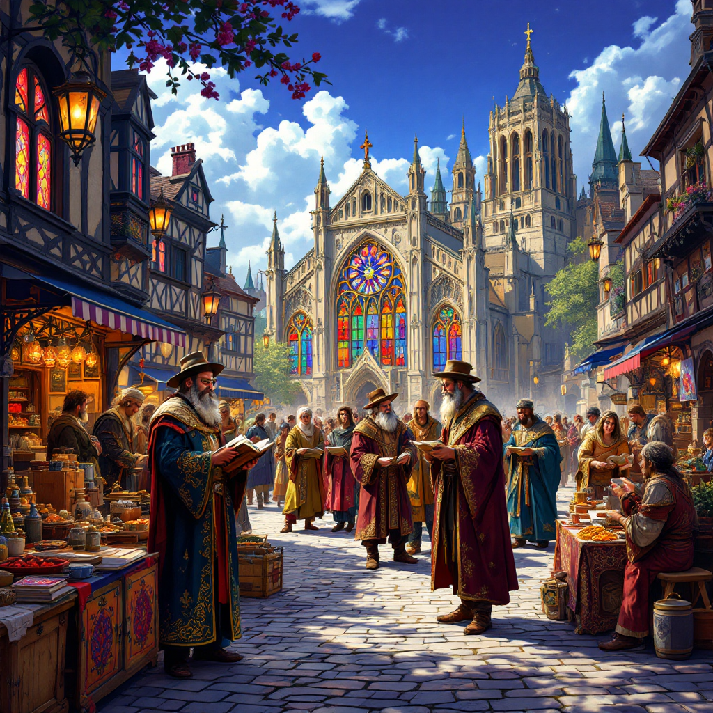 A vibrant medieval marketplace bustling with figures in ornate clothing, surrounded by colorful stalls, a grand cathedral with stained glass in the background, embodying cultural contact and change.