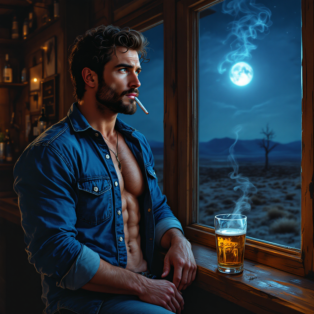 A man with a muscular build sits at a bar, gazing thoughtfully out of a window at a moonlit landscape, a cigarette in his mouth and a beer in hand.