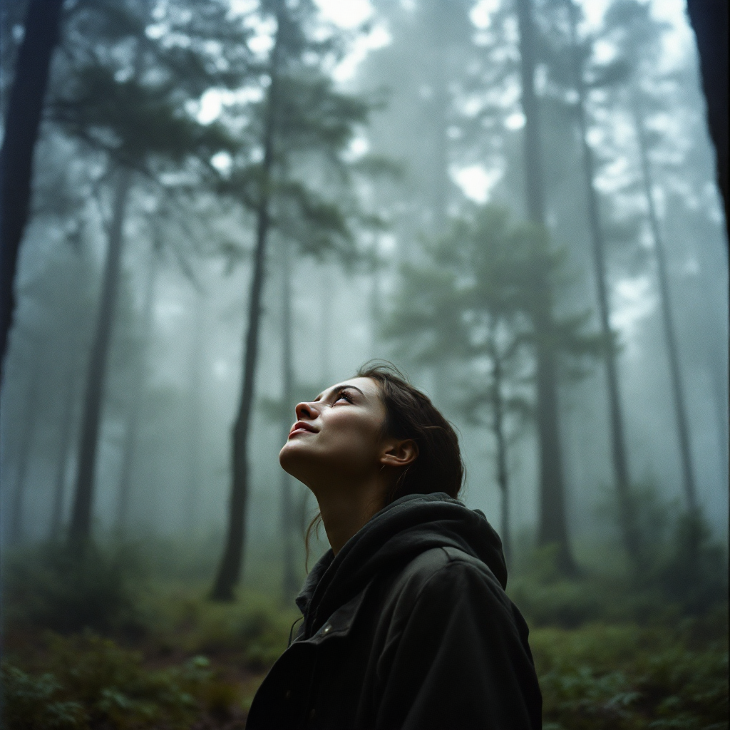 A woman gazes upwards in a misty forest, surrounded by tall trees, embodying reflection and the impact of choices in a serene, introspective moment.