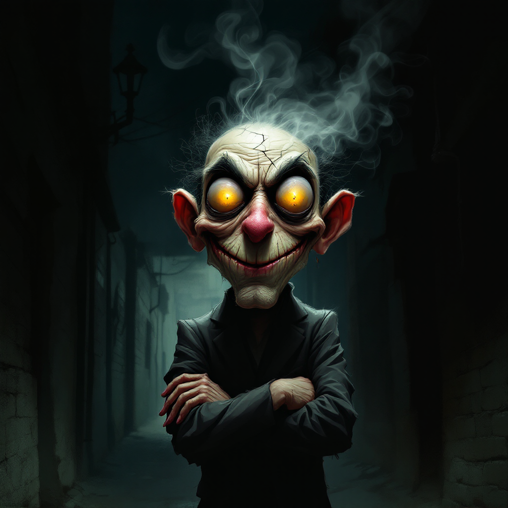 A sinister figure with glowing eyes and a mischievous grin stands confidently in a dark alley, representing the darker aspects of human nature and the complexities of relationships.