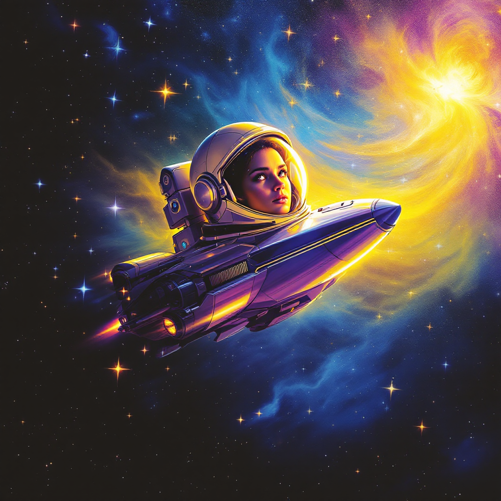 A young astronaut gazes out from a sleek spacecraft, surrounded by a vibrant cosmic scene filled with swirling colors and light, embodying the infinite possibilities of life in the universe.