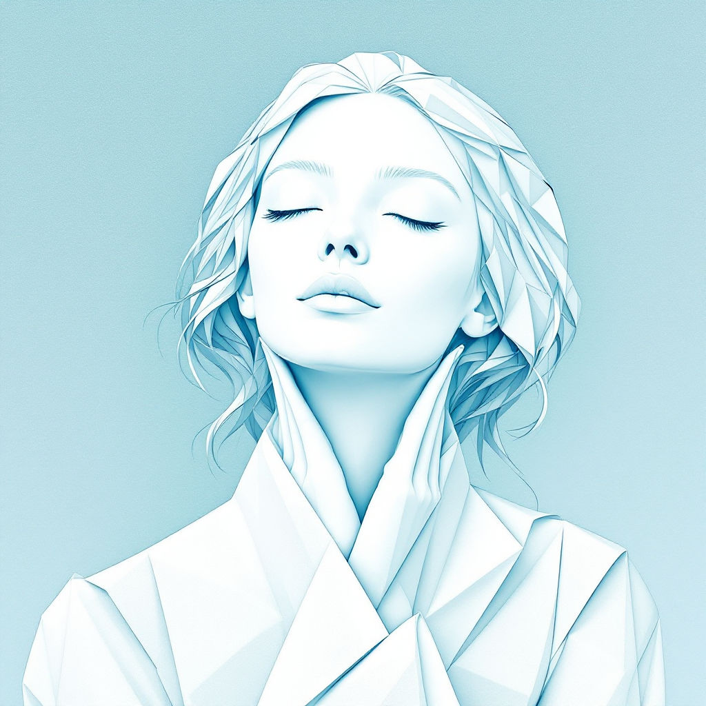 A serene, stylized portrait of a woman with closed eyes and an ethereal expression, embodying a sense of introspection and emotional clarity in soft blue tones.