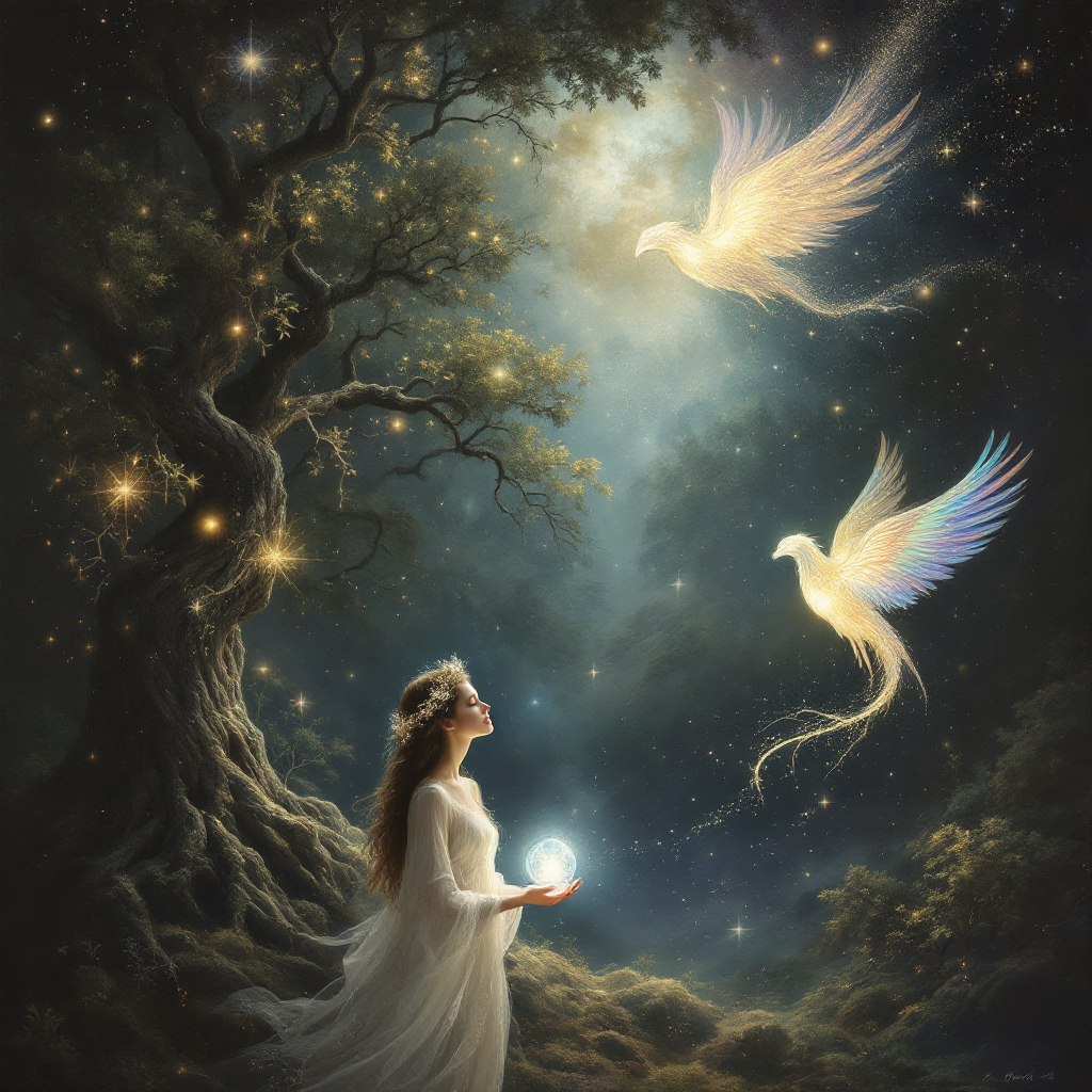 A woman in a flowing white gown stands under a starry sky, holding a glowing orb. Two ethereal birds soar above her, embodying the choice between right and easy.