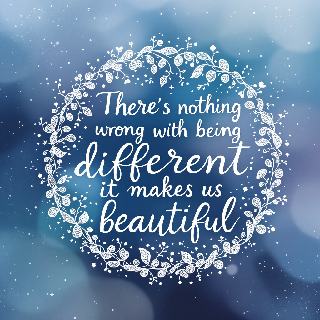 A softly blurred blue background features a decorative wreath of leaves and flowers, enclosing the quote: There’s nothing wrong with being different; it makes us beautiful.