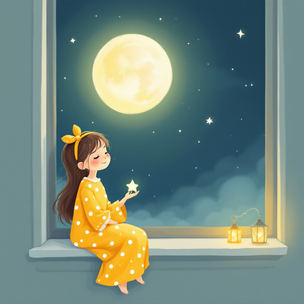 A girl in a yellow polka dot dress sits on a windowsill, holding a glowing star, gazing at a bright full moon and twinkling stars in a serene night sky.