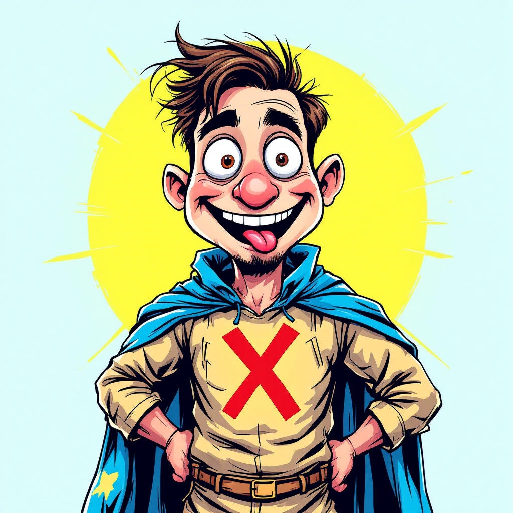 A cheerful, goofy superhero with messy hair and a bright blue cape stands confidently, hands on hips, against a radiant yellow background, embodying the quote about saving the world despite being an idiot.