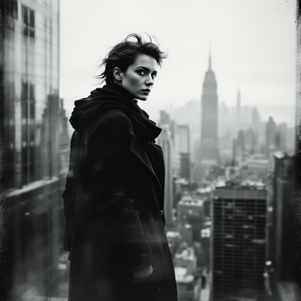 A woman stands on a rooftop overlooking a gray cityscape, her determined gaze reflecting the urgency of the quote, You can’t just stand there and let the world fall down around you.