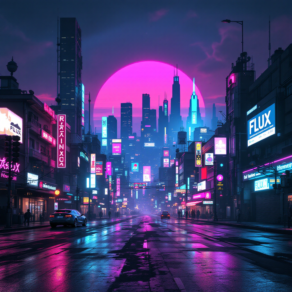 A vibrant, futuristic cityscape at twilight, featuring neon signs and towering skyscrapers under a large pink sun, evoking a feeling of connection despite anonymity.