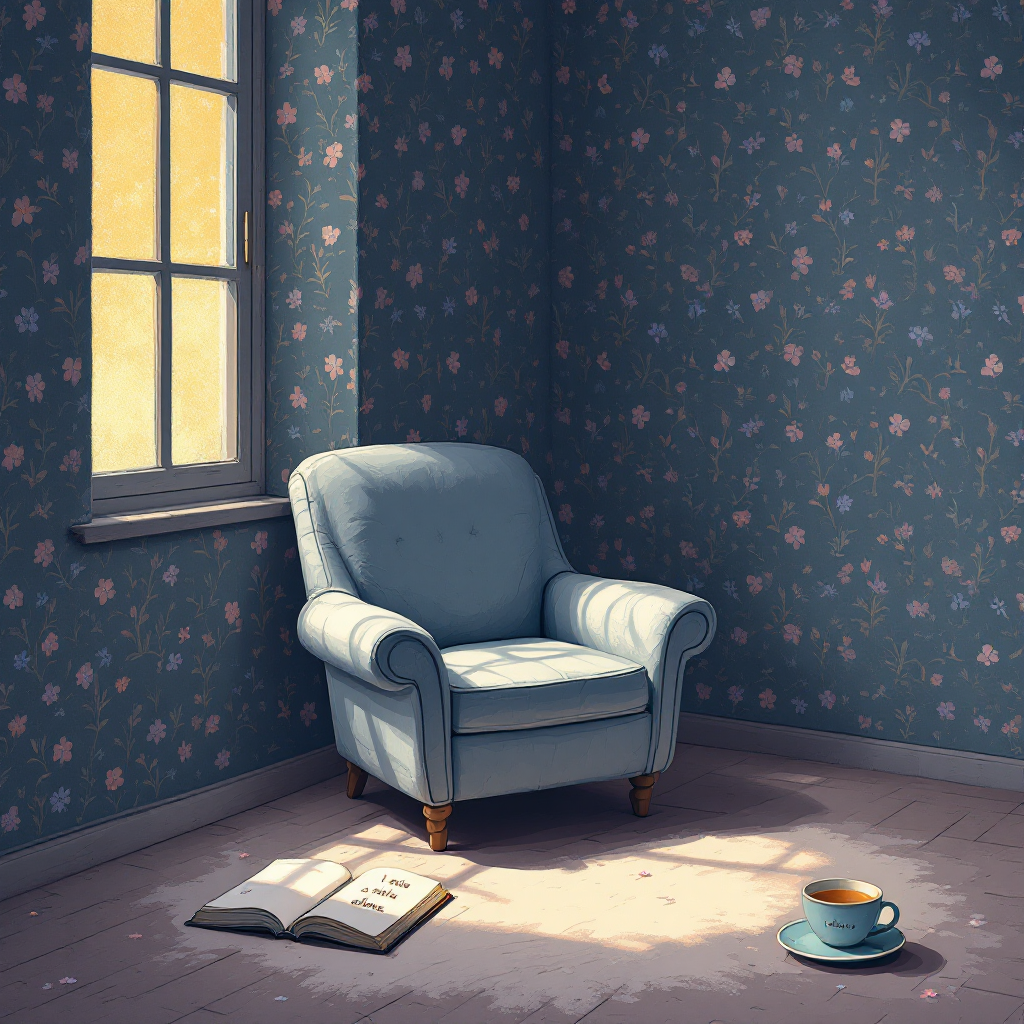 A solitary blue armchair sits in a softly lit corner of a room, surrounded by floral wallpaper. An open book lies on the floor beside a steaming cup, embodying a tranquil yet lonely atmosphere.