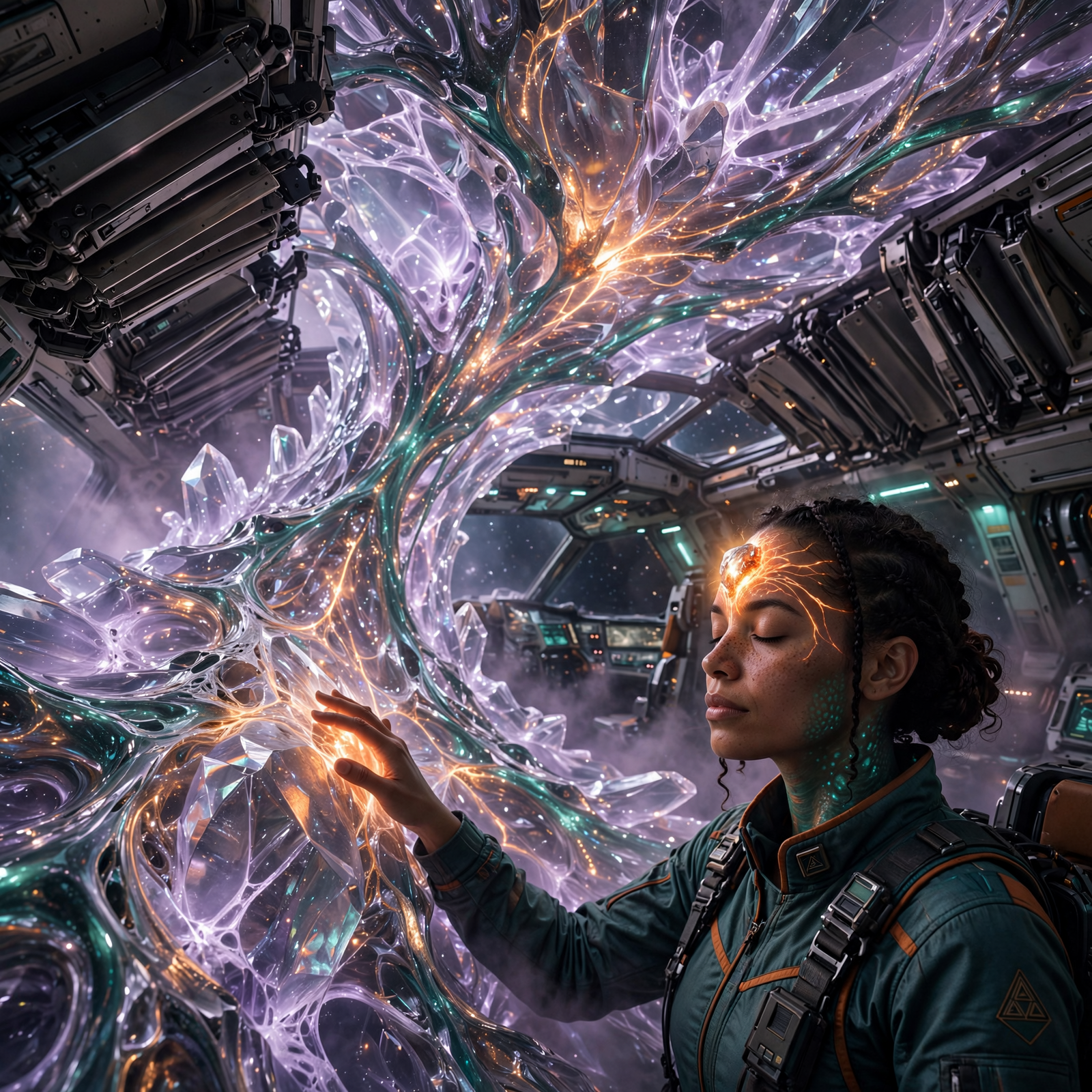 A bioluminescent crystalline spine, blending glass, metal, jewel, and liquid, glows smoky lavender inside a ship as a woman touches its shifting, organic facets.