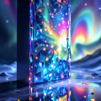 A shimmering, prism-like door stands in a surreal landscape, surrounded by vibrant colors and swirling lights, symbolizing imagination's power to unlock endless possibilities.