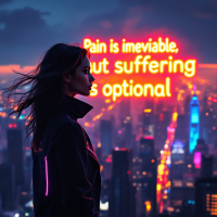 A silhouette of a woman gazes over a vibrant city skyline at dusk, with glowing text overlay: Pain is inevitable, but suffering is optional, highlighting choices in facing pain.