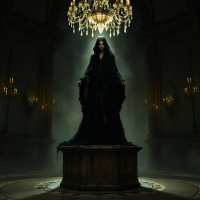 A cloaked figure stands confidently on a pedestal in a dimly lit room, illuminated by a grand chandelier, embodying the mystery surrounding trust in survival and intelligence.