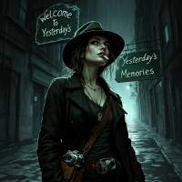 A mysterious woman in a trench coat stands in a foggy alleyway, flanked by signs reading Welcome to Yesterday's and Yesterday's Memories, capturing the essence of reflecting on the past.