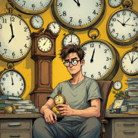 A thoughtful young man sits at a desk surrounded by various clocks, holding a small clock, reflecting on the significance of how we spend our time.