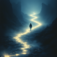 A solitary figure walks along a winding, illuminated path through a misty canyon, embodying the journey to truth filled with uncertainty and endless questions.