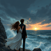 A couple stands embraced on rocky shores, gazing at a vibrant sunset over turbulent waves, embodying the quote, In love, there’s no such thing as a safe distance.