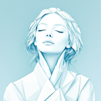 A serene, stylized portrait of a woman with closed eyes and an ethereal expression, embodying a sense of introspection and emotional clarity in soft blue tones.