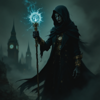 A cloaked figure stands amidst a foggy landscape, wielding a glowing staff. The backdrop features distant, shadowy towers, embodying power rising from fear and uncertainty.