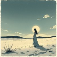 A figure in a flowing dress stands alone in a vast, open desert, facing a radiant sun, embodying the struggle to discover inner light amidst a serene yet desolate landscape.