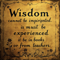 An aged, parchment-like background features the quote: Wisdom cannot be imparted. It must be experienced. It cannot be found in books or from teachers. Artistic floral borders frame the text.