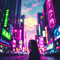 A woman stands in a vibrant city street illuminated by neon lights, reflecting the intertwining of thoughts and feelings shaped by the vivid surroundings at dusk.