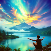 A serene landscape features a person sitting on a rocky outcrop, arms outstretched towards a vibrant sunset over misty mountains and a peaceful lake, embodying the power of letting go.