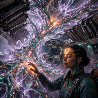 A bioluminescent crystalline spine, blending glass, metal, jewel, and liquid, glows smoky lavender inside a ship as a woman touches its shifting, organic facets.