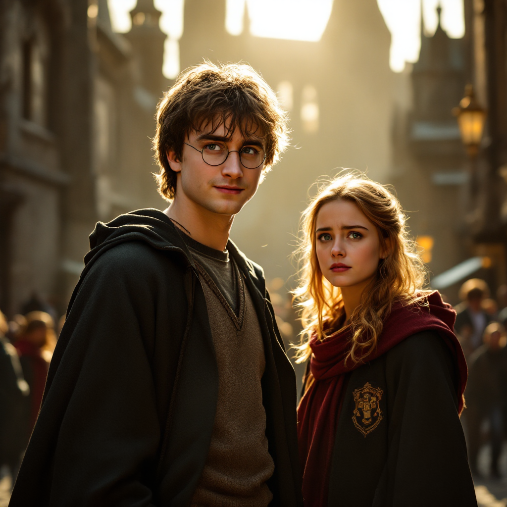 A young wizard and witch stand together in a cobblestone street, bathed in warm light, embodying the hope and bravery of Mr. Potter ready to save the day.