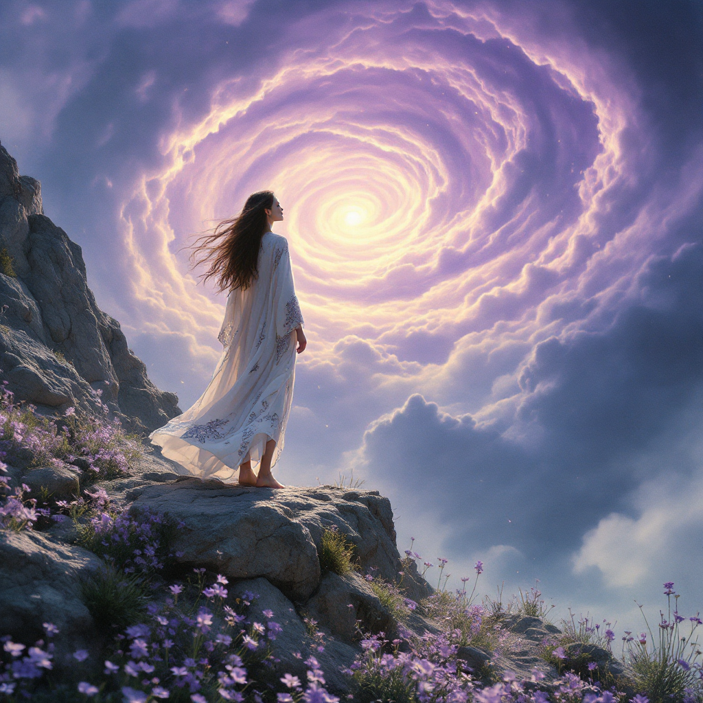 A figure in a flowing white dress stands on a rocky outcrop, gazing up at a swirling, purple sky. Flowers bloom below, embodying the journey into the unknown and self-discovery.