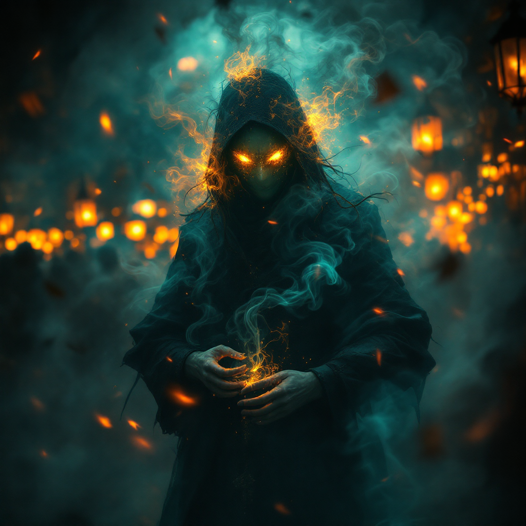 A hooded figure shrouded in swirling smoke and ethereal flames, with glowing eyes, embodies the mystique of disappearing into shadows and denial in a dimly lit fair atmosphere.