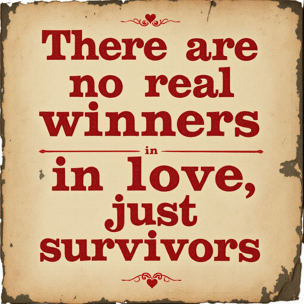 A decorative quote on a distressed background reads: There are no real winners in love, just survivors, conveying a poignant message about the nature of love and relationships.