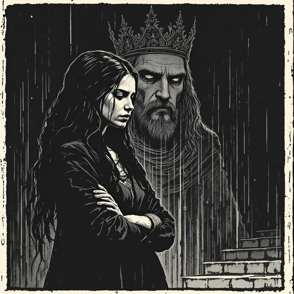 A woman stands with a solemn expression, facing a shadowy king. The rain adds a mood of despair, reflecting the quote: I am not afraid of the king. I am afraid of being forgotten.