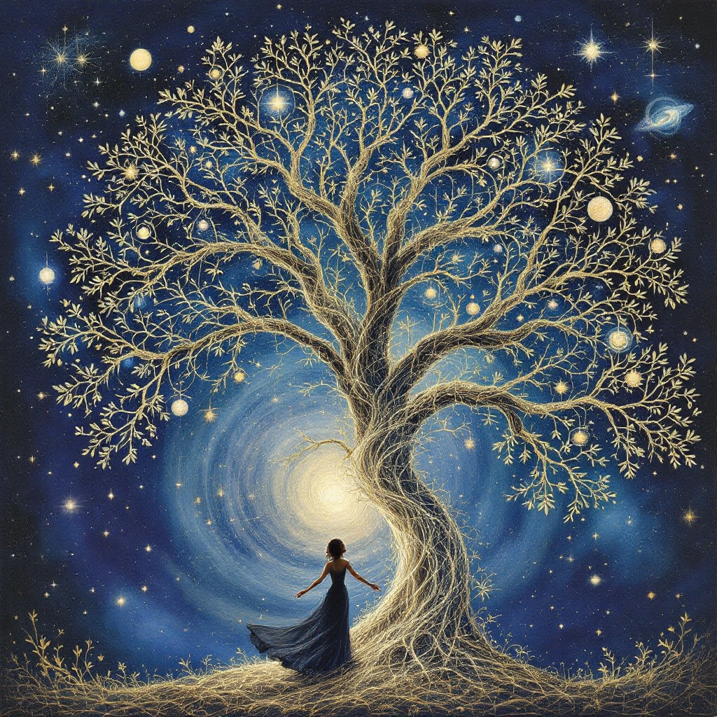 A silhouetted figure stands before a majestic, intricate tree adorned with stars, surrounded by a cosmic backdrop, symbolizing interconnectedness and a greater design at work.