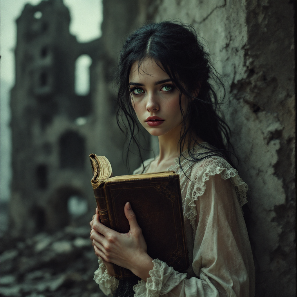 A young woman stands among ruins, holding an old book. Her gaze is intense, embodying the duality of love as both a powerful weapon and a haunting curse.