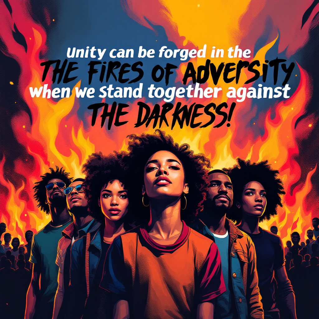 A diverse group of individuals stands together in front of flames, embodying strength and unity, with the quote Unity can be forged in the fires of adversity prominently displayed.