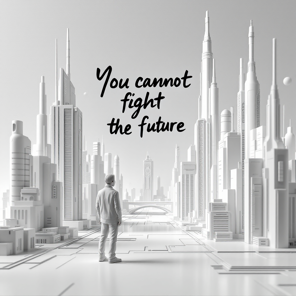 A figure stands in a futuristic cityscape of sleek, white skyscrapers, gazing forward as the text You cannot fight the future is prominently displayed above.