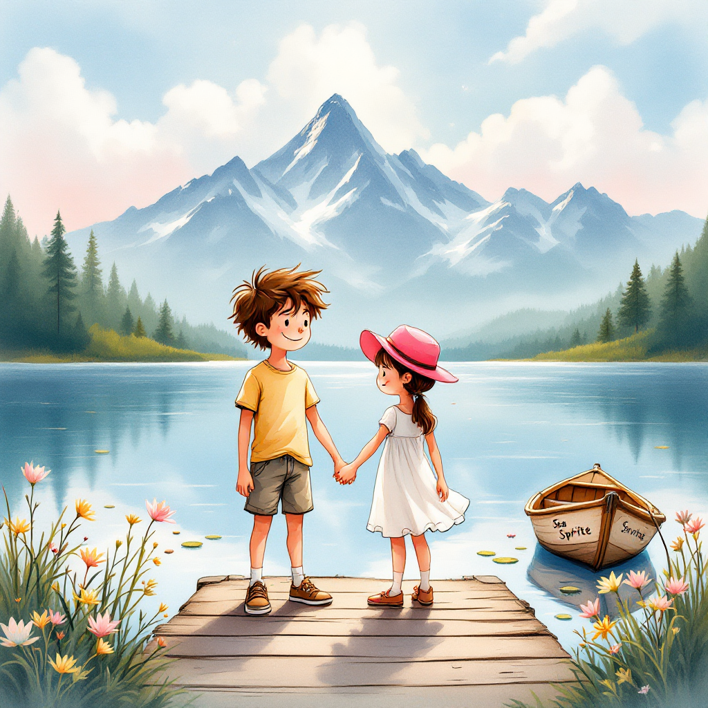 Two children stand hand in hand on a wooden dock by a serene lake, surrounded by vibrant flowers and majestic mountains, embodying the adventurous spirit of friendship.