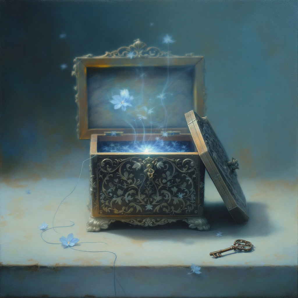 An ornate, open treasure box emits a soft glow, revealing delicate flowers and shimmering light, symbolizing the fragility of trust, as described in the quote.