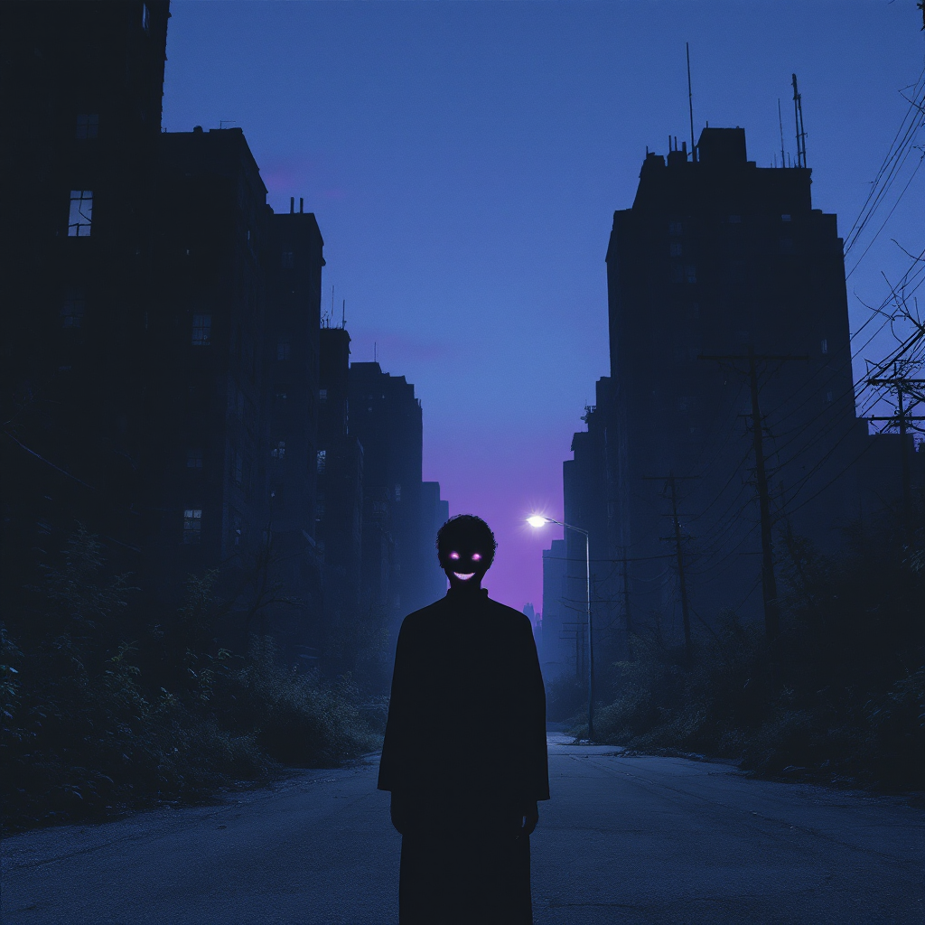 A shadowy figure with glowing eyes stands on an empty street, framed by dark, abandoned buildings under a twilight sky, evoking the quote about truth as an illusion.