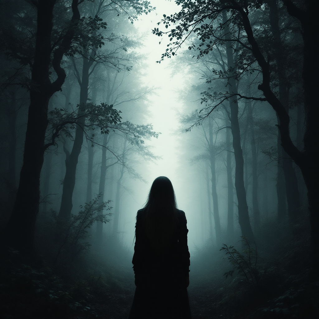 A solitary figure stands in a foggy forest, the dim light filtering through the trees, embodying the haunting theme of being unable to escape past actions.