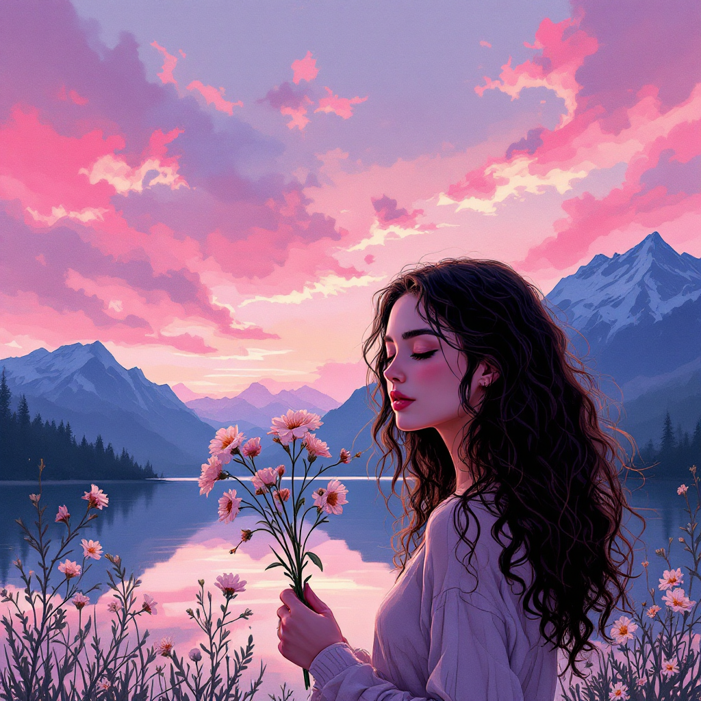 A woman with flowing hair stands by a serene lake at sunset, holding flowers, reflecting on the complexities and growth of love amidst a breathtaking mountain backdrop.