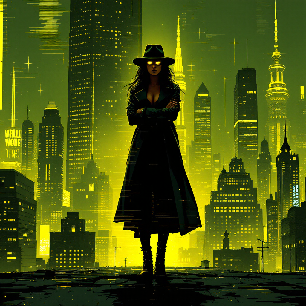 A silhouetted figure in a long coat and hat stands confidently against a glowing, neon cityscape, embodying strength and resilience in the face of adversity.