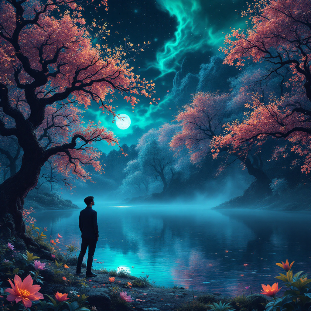 A serene scene featuring a figure standing by a tranquil lake illuminated by a full moon, surrounded by vibrant, autumnal trees and glowing flowers, reflecting the beauty of subjectivity.